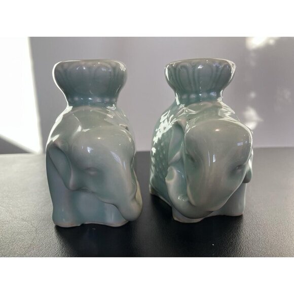 Celadon Ceramic Asian Elephant Candle Holders Vintage, Pair - Picture 7 of 8